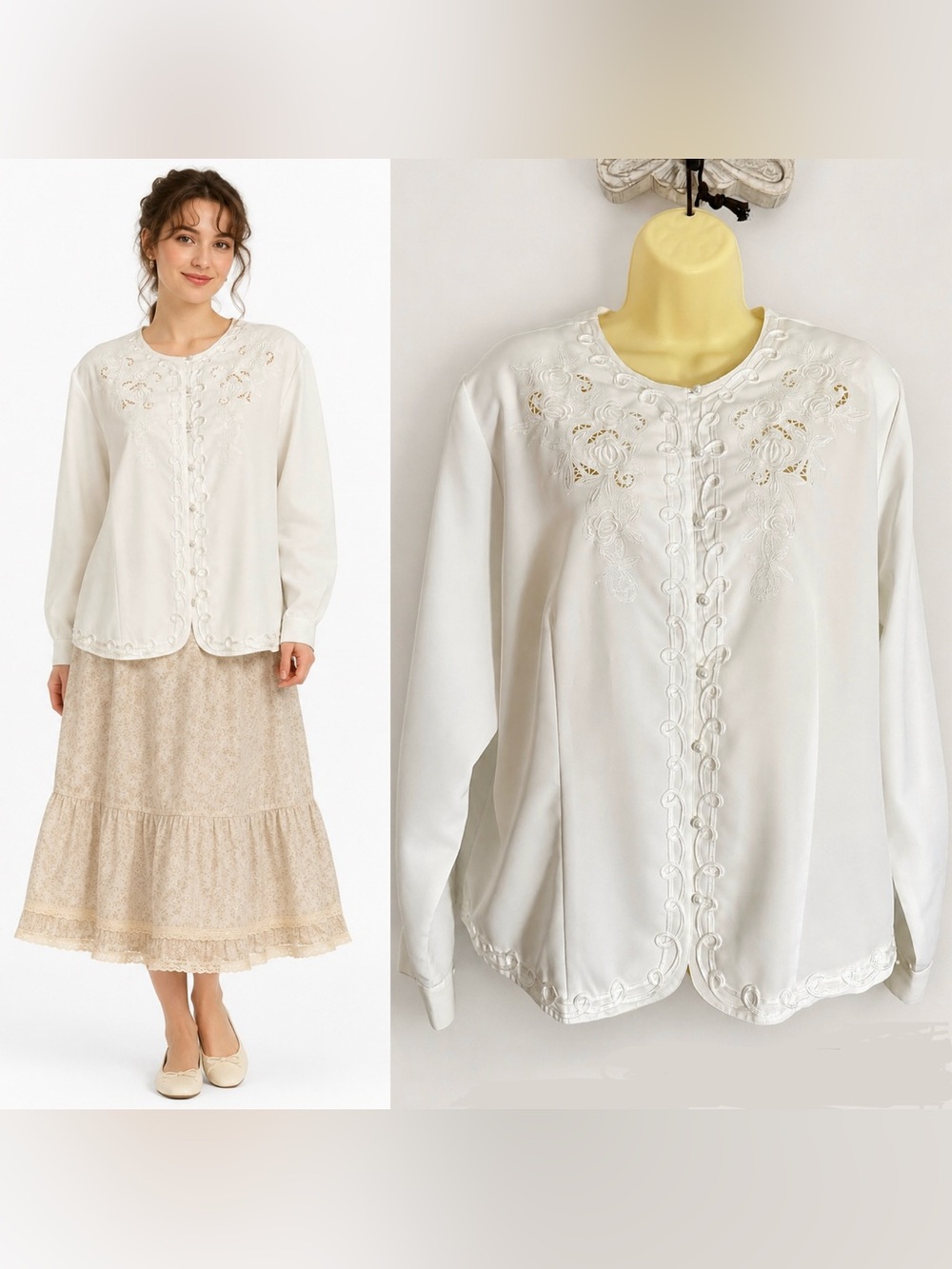 Vintage IMAGE Embroidered White Blouse Faux Pearl Floral Shoulder Pads XL